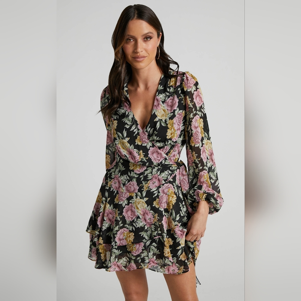 ShowPo Jaspha Mini Dress Sheer Detail Ruffle Skirt V Neck Dress in Black Floral